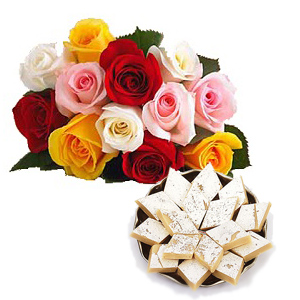 Half Kg Kaju Katli 12 Mix colour roses bouquet