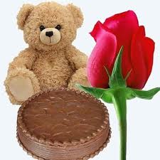 Teddy with cake and single rose