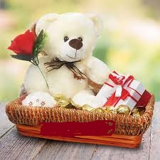 Teddy bear (6 inches ) with 1 red roses 1 Silk in same basket