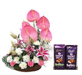 4 Anthurium and 20 flowers basket with 2 bubbly silk chocolates