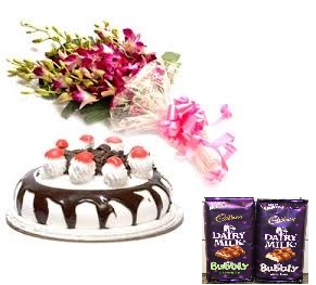 2 bubbly silk chocolates with 10 orchids bunch and 1/2 kg black forest cake