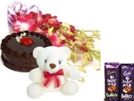 2 bubbly silk chocolates with 10 orchids bunch and 1/2 kg chocolate cake with teddy bear