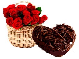 Heart chocolate cake 1 Kg with 12 Red rose basket