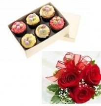 6 Assorted Pastries and 3 roses