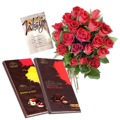 6 Red roses with 3 Bourneville chocolates.