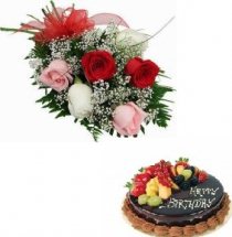 1/2 kg Chocolate fruit cake with 5 mix roses hand tied