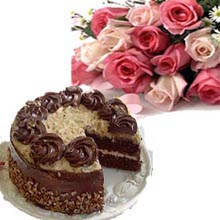 chocolate cake+1 2pink roses bunch
