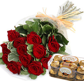 Ferrero Rocher 16 pc+ 12 red roses bunch 