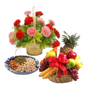 Dry fruits flowers basket with fresh fruits