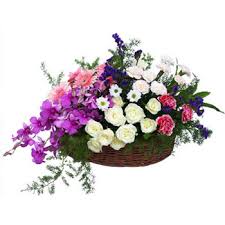 Orchids and other flowers in a basket
