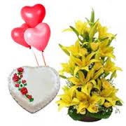 10 balloons lilies basket with 1 kg heart cake