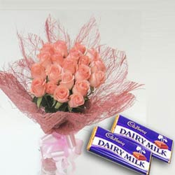 12 pink roses bouquet with 2 chocolates