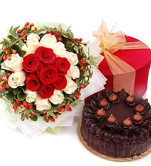  24 red & white roses bouquet ,1/2 kg chocolate cake 