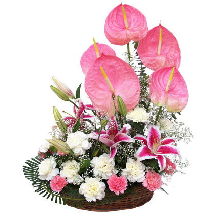 5 lilies, 15 gerberas, 5 other flowers in basket arrangement