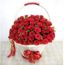 Roses arranged in a basket.