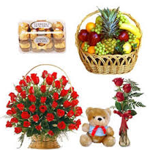 Fruits, teddy, 30 roses basket, 3 roses in a vase and chocolates