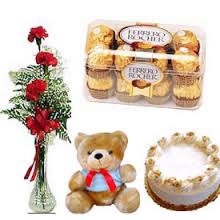 3 roses in a vase with 1 pound cake chocolates and teddy
