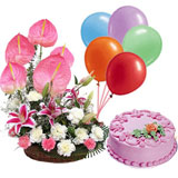 flowers basket 6 balloons 1 pound cake