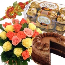 3 rakhis with 1/2 kg cake, 8 ferrero rocher and 12 roses bouquet