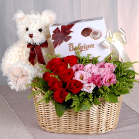 Chocolates +Roses flowers basket+Teddy