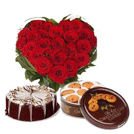 30 red roses heart,  1 kg cake, cookies