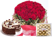 100 red roses  ,  24 Chocolates,  1 kg cake