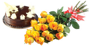 24 yellow roses & 1/2 kg cake