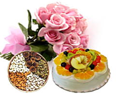 1/2 kg Dryfruits and 12 Pink Roses with 1/2 Kg Fresh fruit Cake