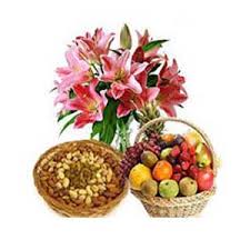 1/2 kg Dry fruits and 6 Pink lilies with 2 Kg Fresh fruits basket