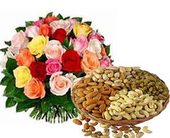 1/2 kg Dry fruits Basket and 18 mix roses bouquet