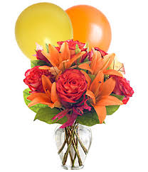 10 air blown balloons with lilies basket