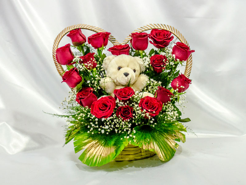 24 Red Roses heart with Teddy in middle of basket