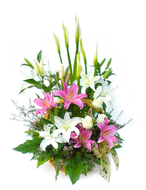 Pink and white lilies basket arrangement