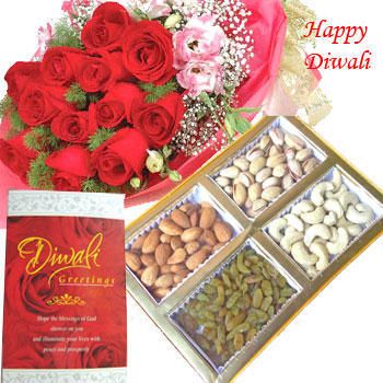 mixed dry fruits box and bunch of 10 mixed color roses along with roli and tikka. 