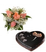 Heart Shaped Chocolate 1 kg with 4 pink roses hand tied
