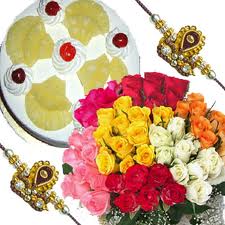 100 roses bunch and 1 kg cake with 2 rakhis