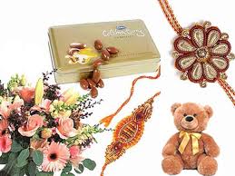 Flowers, celebration chocolate box with teddy and 2 rakhi
