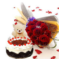 6 inch Teddy, 12 red roses and Half Kg black forest cake