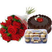 Ferrero rocher 16 piece box with 6 red roses and half kg chocolate cake
