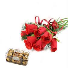 6 red roses, 16 pieces ferrero chocolates