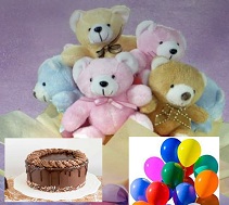 1/2 kg chocolate cake 12 air blown balloons and 6 teddies in a basket