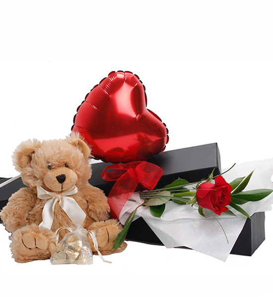 Valentine heart 3 inches One red rose and Teddy 6 inches