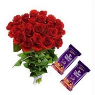 12 red roses hand bouquet with 2 cadbury chocolates