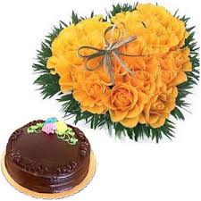 yellow roses heart and cake
