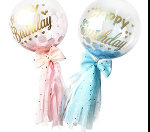2 Clear pink blue transparent bubble balloons with letter happy birthday on balloons