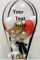 Transparent Balloon Printed WITH YOUR TEXT in 3 words only Tied with ribbons to a basket of teddy and 16 ferrero chocolate box