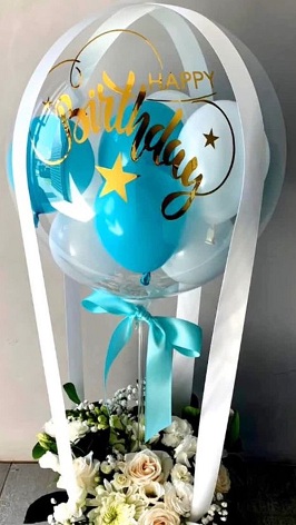 Happy Birthday printed Balloon with 20 flowers balloon filled with blue white balloons