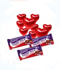 3 Dairy milk chocolates with 8 Red heart Air Filled Balloons