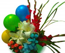 3 Air filled balloons with Basket of White Lily Orange Blue roses and red Gladiollus