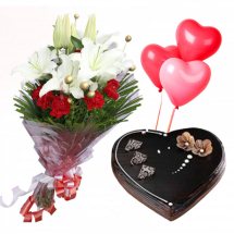 3 Red heart Air Filled Balloons with 2 White Lili and 6 red roses bouquet and 1 Kg heart chocolate cake